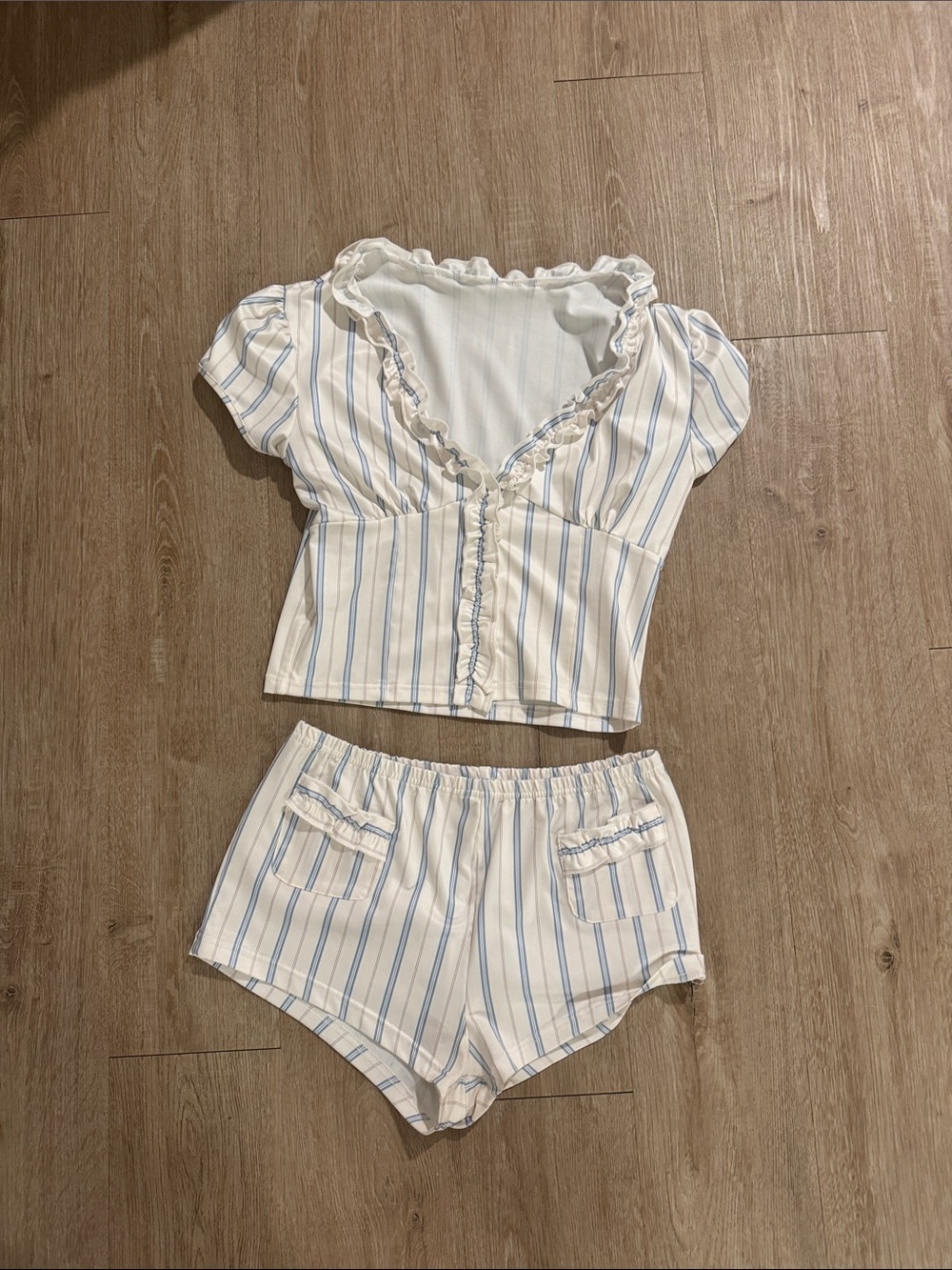 Striped Ruffle-Trim Women’s Pajama Set in White and Light Blue